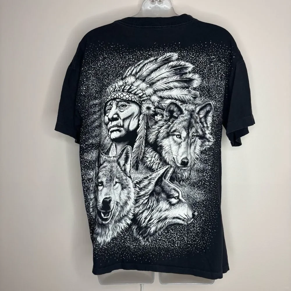 Vintage 90s American thunder Native American graphic Black shirt double sided M